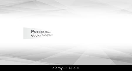 Minimal white and grey low-poly triangular background with converging perspective lines, a bright horizon and generous copy space. Stock Vector