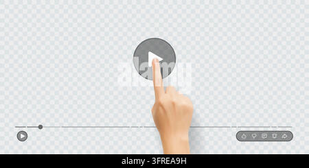Realistic pointing hand presses a circular play button above a video progress bar and playback controls. Stock Vector