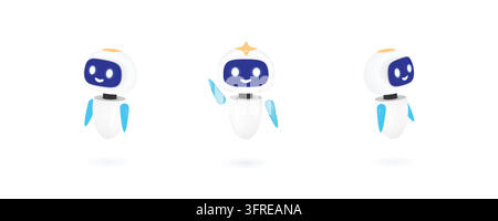 Three views of a cute white and blue 3D AI robot mascot, shown from different angles on a clean white background. Stock Vector
