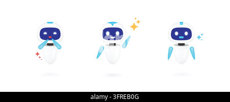 Cute white and blue AI chatbot robot characters shown in different poses as a virtual assistant mascot set. Stock Vector