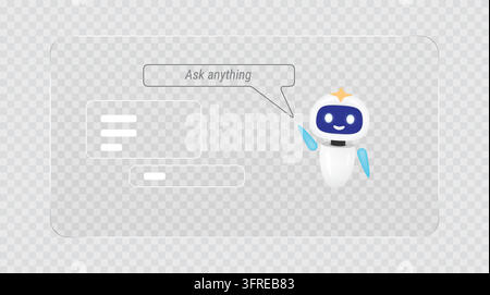 Glassmorphism AI chatbot interface with a friendly robot avatar, an Ask Anything prompt and translucent app cards on a light background. Stock Vector