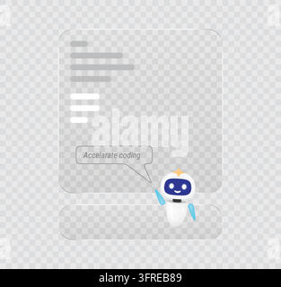 Glassmorphism AI coding dashboard with a friendly robot assistant, translucent code panels and a clean futuristic software interface. Stock Vector