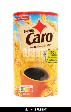 Iserlohn, Germany - September 20, 2026: Tin of Nestle Caro instant grain coffee substitute isolated on a plain white background. Stock Photo