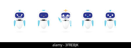 Five friendly white and blue robot characters show angry, confused, happy, sleepy and surprised facial expressions on a white background. Stock Vector
