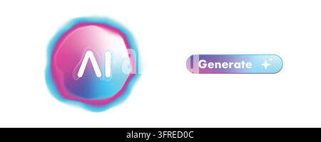 Neon gradient AI generate button with fluid abstract logo symbol. Artificial intelligence interface element for creative app or web design. Vector ill Stock Vector