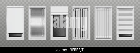 Window blind. 3d curtain frame, open white Venetian shutter or fabric in house interior. Horizontal realistic louvers. Modern home or office decor. White plastic and textile. Vector isolated set Stock Vector
