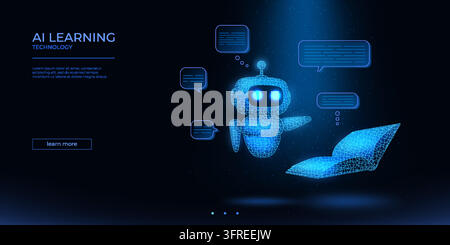Ai agent. Blue robot call, chatbot in digital bubble. Tech bot infographic data center, 3d future chat support. Futuristic assistant with speech bubbles, customer banner design. Vector illustration Stock Vector
