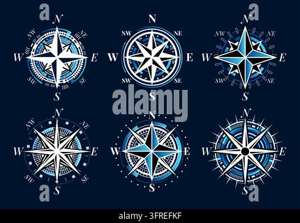 Compass rose icons set. Nautical navigation symbols with cardinal directions, circular scales, orientation, cartography, GPS guidance, travel routing, maritime map design elements. Vector illustration Stock Vector