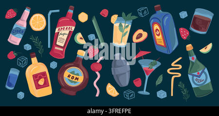 Cocktail drink. Retro summer alcohol party, fruit and liquor in rum shaker or doodle mojito beverage for trendy bar. Ingredients for mixing cold ice soda. Vector colorful cartoon flat isolated set Stock Vector