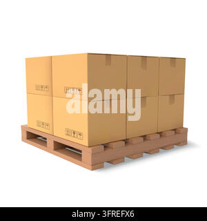 Box stack. Cartoon pallet for freight logistics, cardboard wholesale delivery. Shipping wood forklift, carton stacked container on wooden pallets, inventory storage. Vector isolated merchandise icons Stock Vector