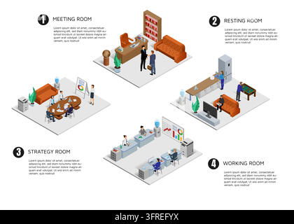 Isometric conference room. 3d building interior, people meeting, business infographic. Reception department. Office corporate workspace with furniture. Person on workplace with computer. Vector design Stock Vector