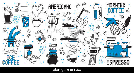 Coffee doodle. Hand drawn food and cup for cafe, fun sticker characters. Latte mug, cute espresso bean poster. Hot drinks preparation, menu variety, morning routine. Vector isolated barista icons Stock Vector