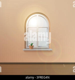 Sun window. 3d realistic white living room inside home, plant reflection on clear wood space, calm home space, natural light. Outdoor wooden wall isolated illustration. Vector minimal background Stock Vector