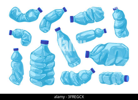 Plastic bottle set. Empty water crush waste, crumpled garbage recycle or rubbish trash icon different forms. Crashed drink cap. Ecological sustainability elements. Vector cartoon isolated collection Stock Vector