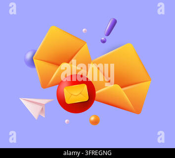 Email notification icon. 3D envelopes with alert badge, paper plane, exclamation mark, digital messaging, inbox updates, customer communication, online marketing. Vector render isolated illustration Stock Vector