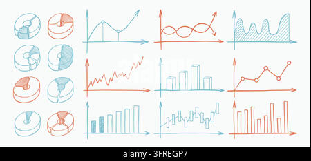 Graph sketch. Hand drawn data chart, doodle infographic pie or computer progress arrow. Finance report. Bar graphs, business analytics, reporting, statistics, performance vector isolated icons set Stock Vector
