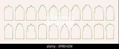 Islam arch set. Ramadan door frame, indian pattern on window shape or arabian gate border with simple art. Architectural silhouettes decorative golden borders. Vector line isolated elements for design Stock Vector