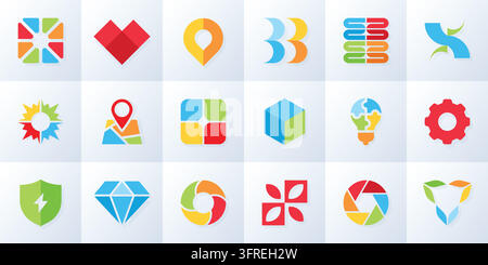 Logo elements. Abstract arrow icon, flat chevron design or circle medical logotype. Hexagon geometric star. Branding marks for business identity, app interface, navigation sign. Vector isolated symbol Stock Vector
