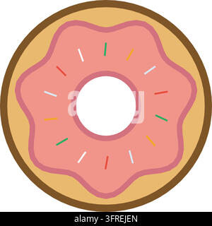 Flat vector illustration of a ring donut with pink frosting and colourful sprinkles, isolated on a white background. Sweet bakery and dessert icon. Stock Vector