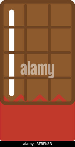 Flat vector illustration of a milk chocolate bar with segment grooves and a torn red wrapper, isolated on a white background. Sweet and candy icon. Stock Vector