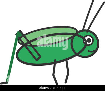 Flat vector illustration of a green grasshopper with powerful hind jumping legs and long antennae, side view, isolated on a white background. Stock Vector