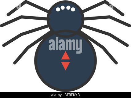 Flat vector illustration of a dark spider with eight bent legs and a red hourglass marking, top view, isolated on a white background. Halloween icon. Stock Vector