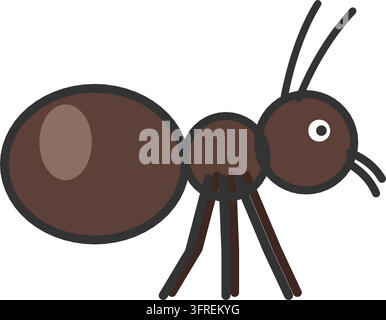 Flat vector illustration of a brown ant with three body segments, six legs and antennae, side view, isolated on a white background. Insect icon. Stock Vector