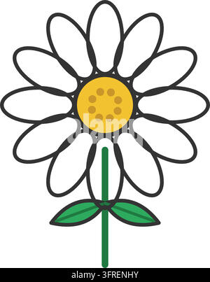 Flat vector illustration of a white daisy with ray petals and a yellow centre, isolated on a white background. Meadow flower icon. Stock Vector
