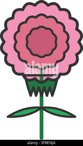 Flat vector illustration of a pink carnation with ruffled layered petals and a green calyx, isolated on a white background. Florist flower icon. Stock Vector