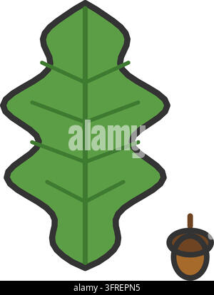 Flat vector illustration of a green oak leaf with rounded wavy lobes beside a small brown acorn, isolated on a white background. Stock Vector