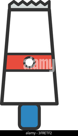 Flat vector illustration of a toothpaste tube with a crimped top, red label band and blue cap, isolated on a white background. Stock Vector
