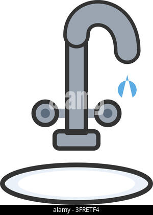 Flat vector illustration of a chrome sink faucet with two handles, arched spout and a water drop, isolated on a white background. Stock Vector