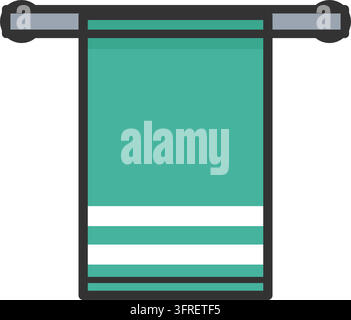 Flat vector illustration of a teal bath towel folded over a chrome wall rail with white stripes, isolated on a white background. Stock Vector