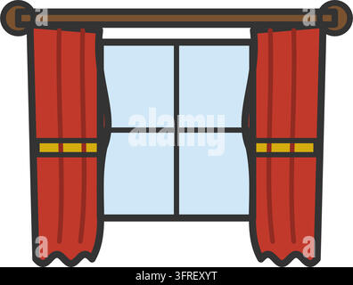 Flat vector illustration of red window curtains with two draped panels, tiebacks and a wooden rod, isolated on a white background. Stock Vector