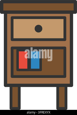 Flat vector illustration of a wooden nightstand with a drawer and an open shelf holding books, isolated on a white background. Stock Vector