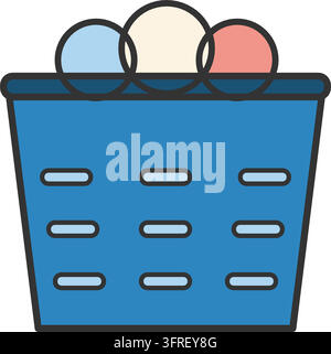 Flat vector illustration of a blue laundry basket with ventilation slots heaped with folded clothes, isolated on a white background. Stock Vector