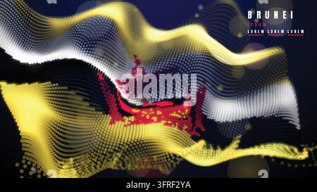 Waving Brunei Flag in Yellow White Black and Red Colors Created from Glowing Dotted Particles on a Black Background Stock Vector
