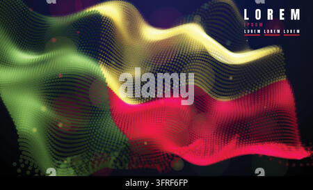 Waving Benin Flag in Green Yellow and Red Colors Created from Glowing Dotted Particles on a Black Background Stock Vector