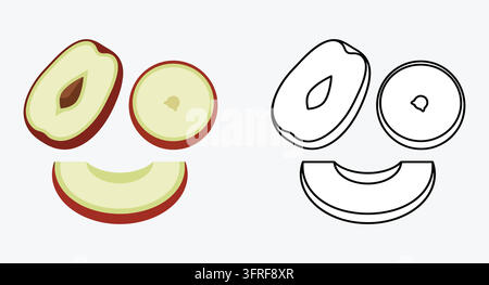 Fresh red apples cut into slices with seeds visible in two styles Stock Vector