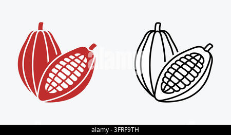 Cocoa pods illustration set with colored and outline versions Stock Vector