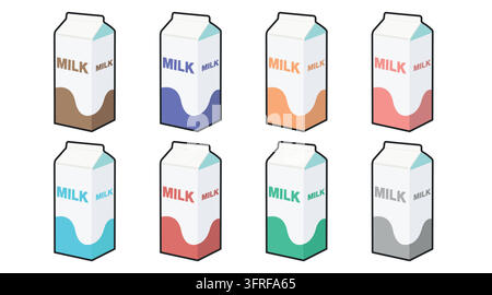 Set of 8 milk carton box vector illustrations. Black line art with flat color fill style on white background. Stock Vector