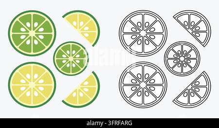 Fresh citrus fruit slices in color and black outline variations with slice Stock Vector