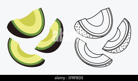 Fresh sliced avocado pieces with matching black and white outline illustrations Stock Vector
