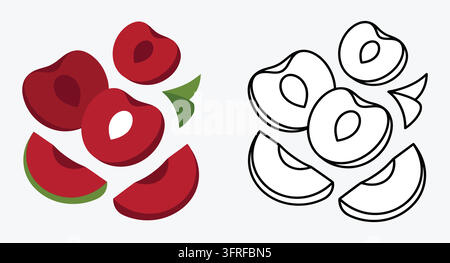 Fresh red cherry fruit pieces depicted in colored and linear styles Stock Vector
