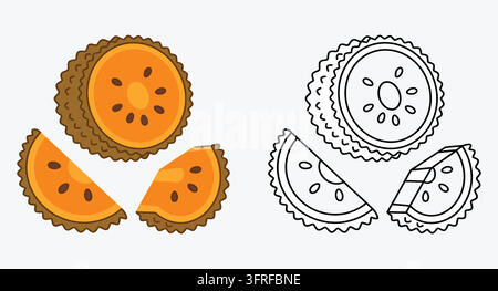 Whole and sliced fresh kiwi fruit in realistic and line art styles with colorful Stock Vector