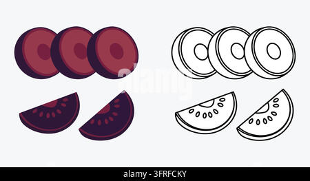 Slices of beetroot arranged with their simple black and white line art Stock Vector