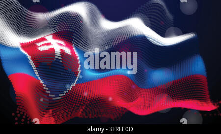 Waving Slovakia Flag in White Blue and Red Colors Created from Glowing Dotted Particles on a Black Background Stock Vector