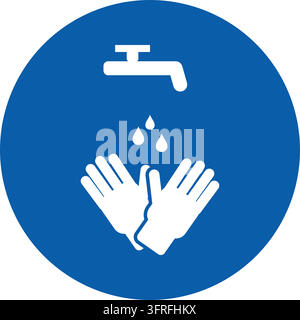 Blue round mandatory sign with two hands under a running tap. Own-design pictogram in the style of ISO 7010 safety signs; not the official standard sy Stock Vector