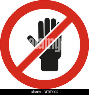 Red round prohibition sign with diagonal bar with an open hand. Own-design pictogram in the style of ISO 7010 safety signs; not the official standard Stock Vector