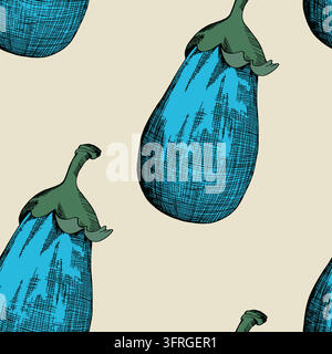 Seamless pattern with hand drawn Eggplants. Illustration of aubergine vegetable. Reapiting tile for fabric, wallpaper wrapping paper. Eco friendly Stock Vector